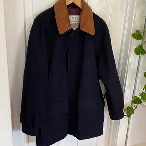 Vintage London Fog Wool Men's Dark Blue Pea Coat Tan Leather Collar Insulated